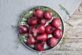 Plate with ripe red onions on table Royalty Free Stock Photo
