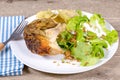 Plate of roast chicken, crisps and green salad Royalty Free Stock Photo