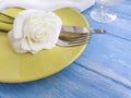Plate, rose flower on wooden background spring Royalty Free Stock Photo