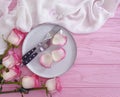 Plate rose flower on wooden background design rustic romance Royalty Free Stock Photo