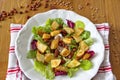 Plate with salad, beans and potatoes lying on the checkered tablecloth Royalty Free Stock Photo