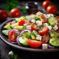 A plate of salad with cucumbers, tomatoes and feta cheese, AI