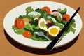 a plate of salad with a fork and knife on a table top with a brown background and a brown background