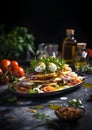 a plate with salad and tomatoes on it sitting on a table Royalty Free Stock Photo