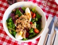 Plate of salad with tuna, eggs and cherry tomatoes Royalty Free Stock Photo