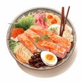 Hyperrealistic Illustration Of A Sushi Bowl With Salmon And Vegetables