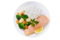 plate of salmon fillet, rice and vegetables isolated on white background Royalty Free Stock Photo