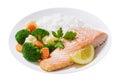 plate of salmon fillet, rice and vegetables on white background Royalty Free Stock Photo