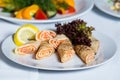 Plate with salmon pancakes Royalty Free Stock Photo