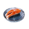Plate of salmon with plastic food wrap isolated on white Royalty Free Stock Photo