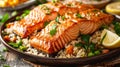 Plate of salmon and rice with lemon wedge Royalty Free Stock Photo