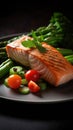 Plate of salmon and vegetables on a dark background with a black background