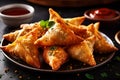 A plate of samosas and sauce Indian food generative Ai