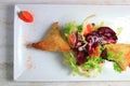 Plate of samoussa and lettuce salad