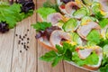 Plate with sandwiches with sausage, cucumbers and greens on a wooden background