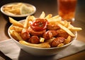 Plate with sausage and chips currywurst with sauce on wooden table.Macro.AI Generative