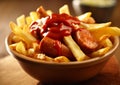 Plate with sausage and chips currywurst with sauce on wooden table.Macro.AI Generative