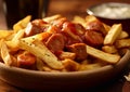 Plate with sausage and chips currywurst with sauce on wooden table.Macro.AI Generative