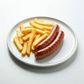 A plate of sausage and chips on a white background AI generated Royalty Free Stock Photo
