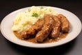 A plate of sausage and mashed potatoes, AI