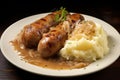 A plate of sausage and mashed potatoes, AI