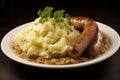 A plate of sausage and mashed potatoes, AI