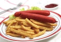 PLATE WITH SAUSAGES, FRENCH FRIES AND SALAD Royalty Free Stock Photo