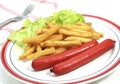 PLATE WITH SAUSAGES, FRENCH FRIES AND SALAD Royalty Free Stock Photo