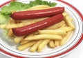 Plate with Sausages, French Fries and Salad Royalty Free Stock Photo