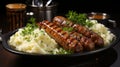 A plate of sausages and mashed potatoes close-up. Generative AI. Royalty Free Stock Photo