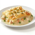 A plate of savory chicken pot pie, isolated on a white background, Royalty Free Stock Photo