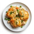 A plate of savory chicken pot pie, isolated on a white background, Royalty Free Stock Photo
