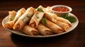 A plate of savory and crispy spring rolls with dipping sauce