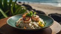 Seared Scallops with Rice and Mango Salsa on Plate, Gourmet Dining by the Beach Royalty Free Stock Photo