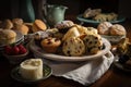 a plate of scones, muffins, and bake goods to enjoy with friends