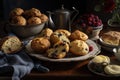 a plate of scones, muffins, and bake goods to enjoy with friends