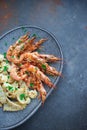 Plate with seafood, King prawns and squid, Fish menu in the restaurant, Dark background Royalty Free Stock Photo