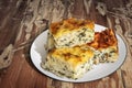Plateful Of Serbian Cheese Spinach Pie Zeljanica Slices Set On Old Weathered Wooden Garden Table Surface Royalty Free Stock Photo