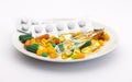 Plate with set of pills, tablets, vitamins, drugs, omega 3 fish oil, gel capsules, medicament and food supplement for health care Royalty Free Stock Photo