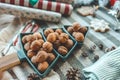 Plate in the shape of a Christmas tree with nuts, background Royalty Free Stock Photo
