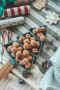 Plate in the shape of a Christmas tree with nuts, background Royalty Free Stock Photo