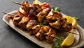 A plate of shish kabob with lemon wedges