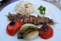 Shish kebab kuzu shish with rice, tomatoes and pepper Royalty Free Stock Photo