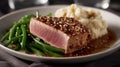 Elegant Dinner Setting Featuring Seared Tuna Steak With Side Dishes Generative AI Royalty Free Stock Photo