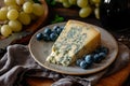 A plate showcasing a single piece of cheese and a handful of blueberries arranged neatly, Plate with a slice of English Stilton Royalty Free Stock Photo