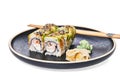 Plate of shrimp and cheese cream uramaki sushi isolated on white background Royalty Free Stock Photo