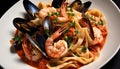 A plate of shrimp and clams with pasta