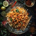 Plate of shrimp and noodle dish with chopsticks, Asian cuisine on table Royalty Free Stock Photo