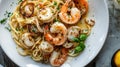 Delicious shrimp pasta garnished with fresh herbs served on a white plate at a cozy restaurant setting Royalty Free Stock Photo