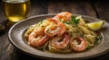 Delicious Shrimp Scampi Pasta with Lemon and Parsley on Rustic Plate Royalty Free Stock Photo